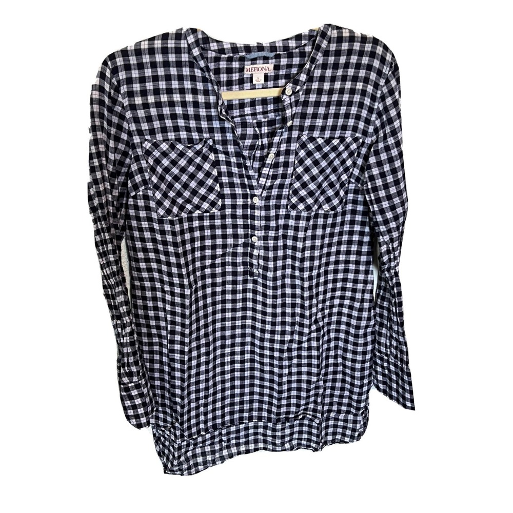 merona womens top tunic shirt half button size L  100% Cotton BR